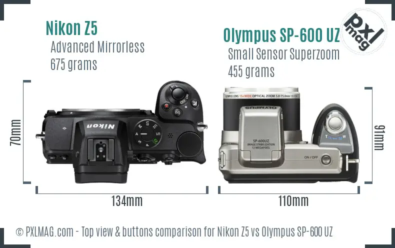 Nikon Z5 vs Olympus SP-600 UZ top view buttons comparison