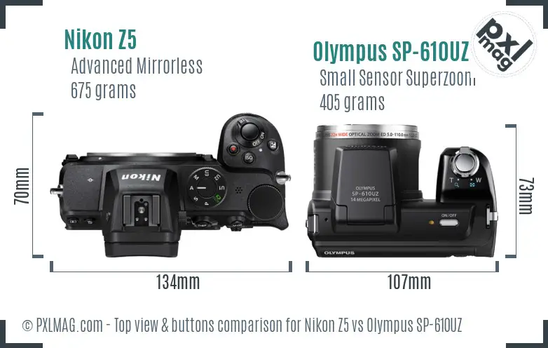 Nikon Z5 vs Olympus SP-610UZ top view buttons comparison