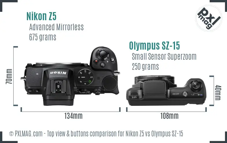 Nikon Z5 vs Olympus SZ-15 top view buttons comparison