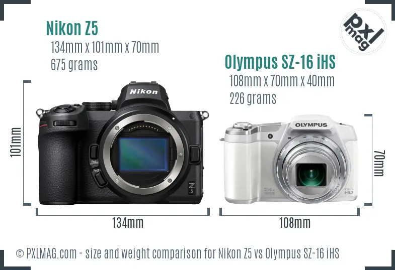 Nikon Z5 vs Olympus SZ-16 iHS size comparison