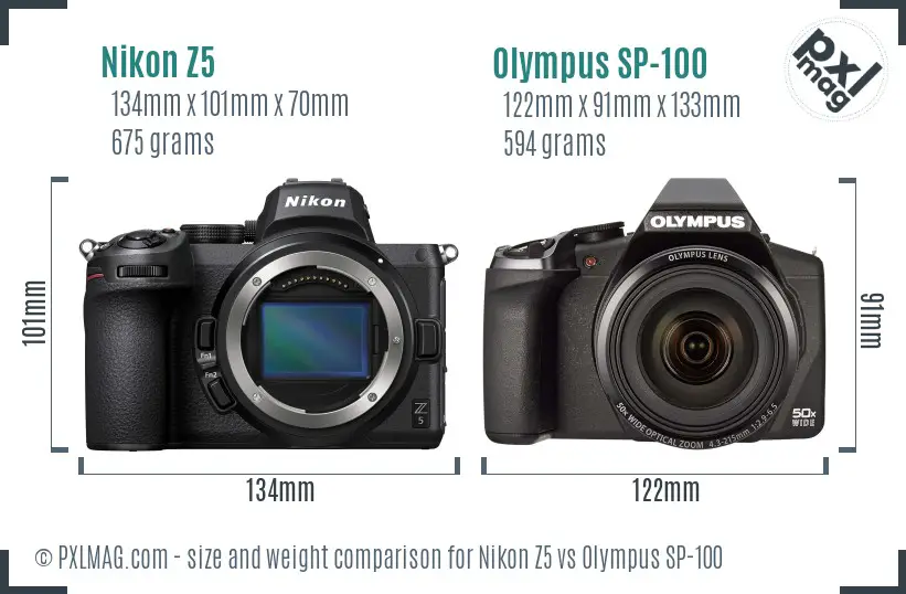 Nikon Z5 vs Olympus SP-100 size comparison