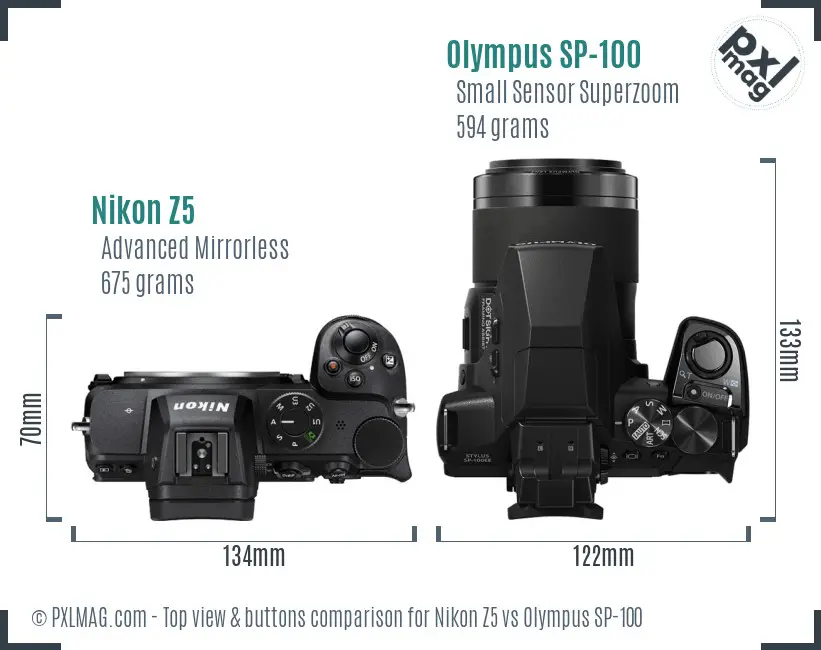 Nikon Z5 vs Olympus SP-100 top view buttons comparison