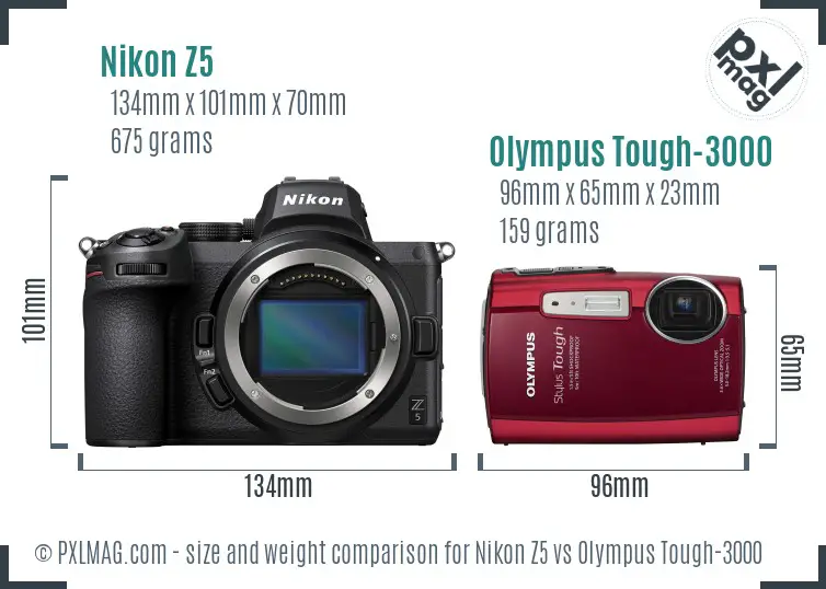 Nikon Z5 vs Olympus Tough-3000 size comparison