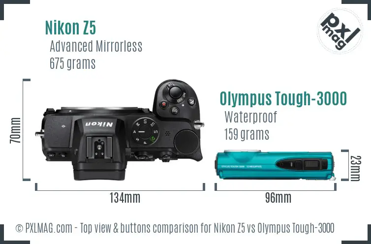 Nikon Z5 vs Olympus Tough-3000 top view buttons comparison