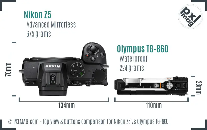 Nikon Z5 vs Olympus TG-860 top view buttons comparison