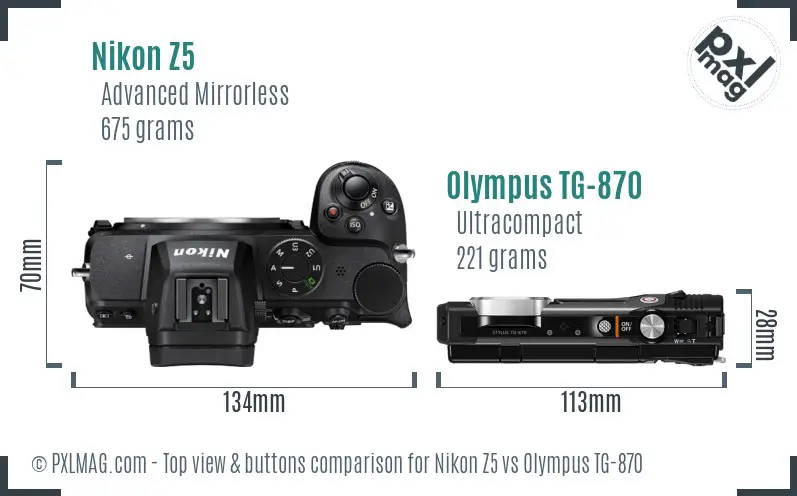 Nikon Z5 vs Olympus TG-870 top view buttons comparison