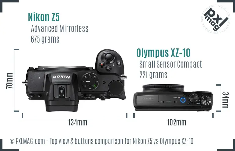 Nikon Z5 vs Olympus XZ-10 top view buttons comparison