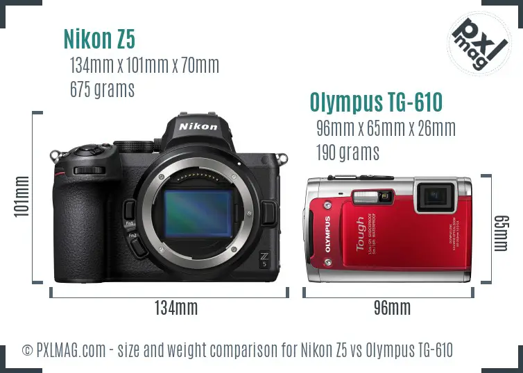 Nikon Z5 vs Olympus TG-610 size comparison
