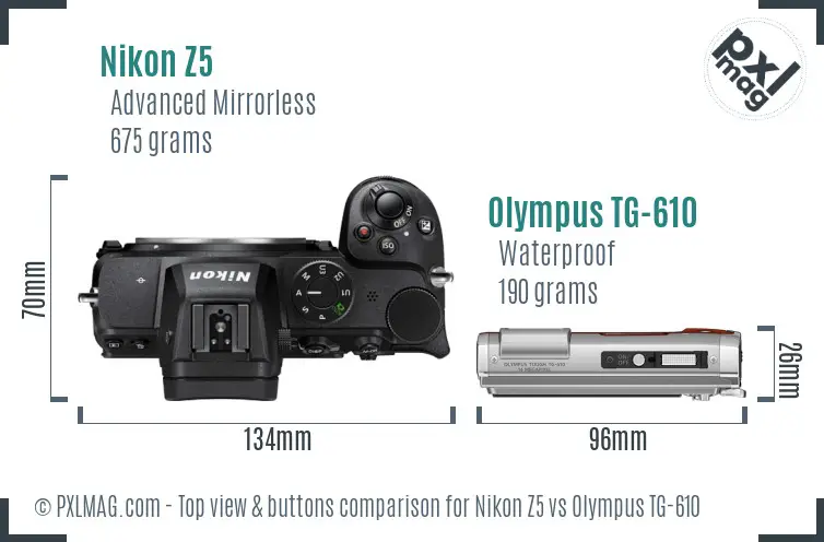 Nikon Z5 vs Olympus TG-610 top view buttons comparison