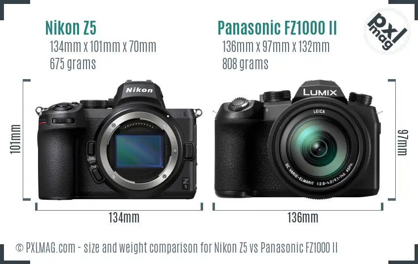 Nikon Z5 vs Panasonic FZ1000 II size comparison