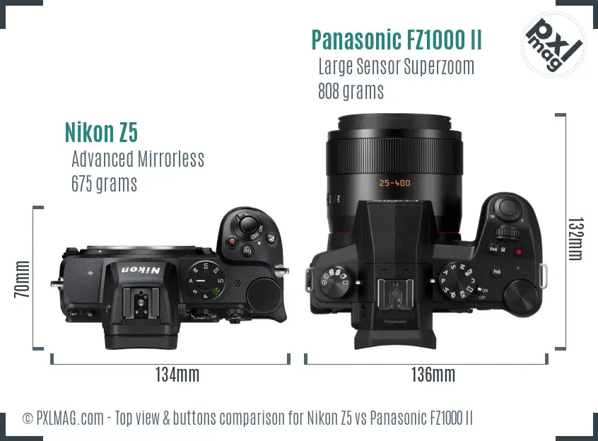 Nikon Z5 vs Panasonic FZ1000 II top view buttons comparison