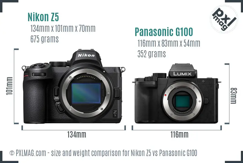 Nikon Z5 vs Panasonic G100 size comparison