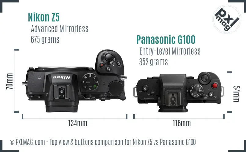 Nikon Z5 vs Panasonic G100 top view buttons comparison