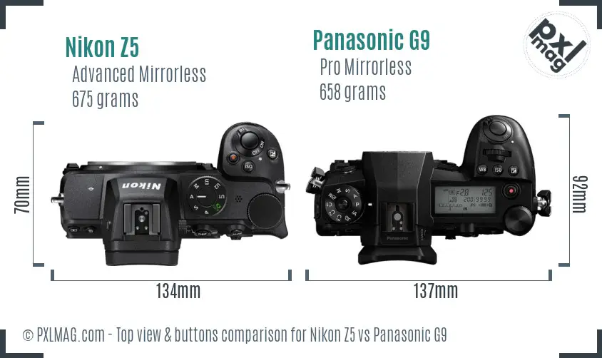 Nikon Z5 vs Panasonic G9 top view buttons comparison
