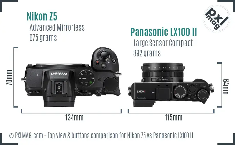 Nikon Z5 vs Panasonic LX100 II top view buttons comparison