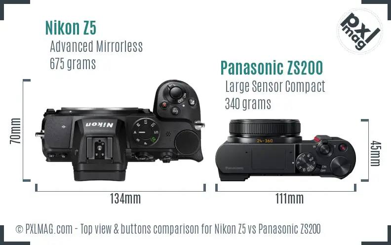 Nikon Z5 vs Panasonic ZS200 top view buttons comparison