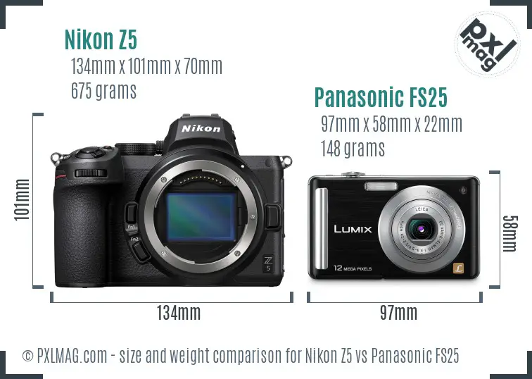 Nikon Z5 vs Panasonic FS25 size comparison