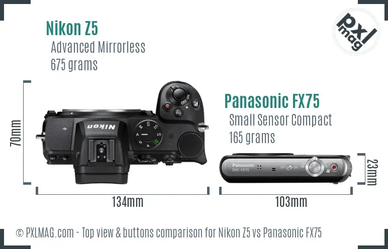 Nikon Z5 vs Panasonic FX75 top view buttons comparison