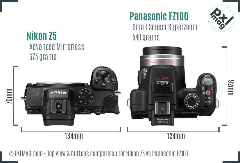 Nikon Z5 vs Panasonic FZ100 top view buttons comparison