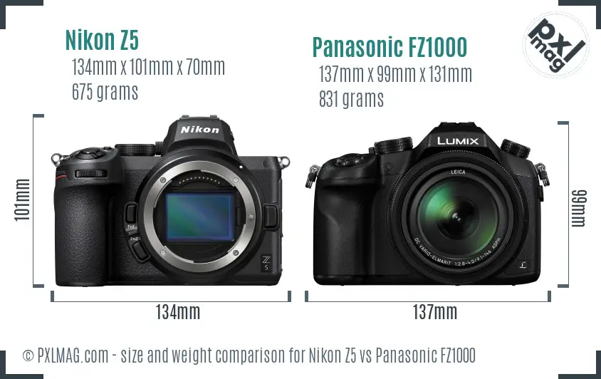 Nikon Z5 vs Panasonic FZ1000 size comparison