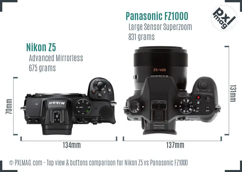 Nikon Z5 vs Panasonic FZ1000 top view buttons comparison