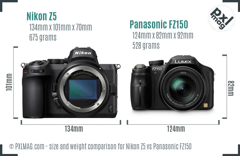 Nikon Z5 vs Panasonic FZ150 size comparison