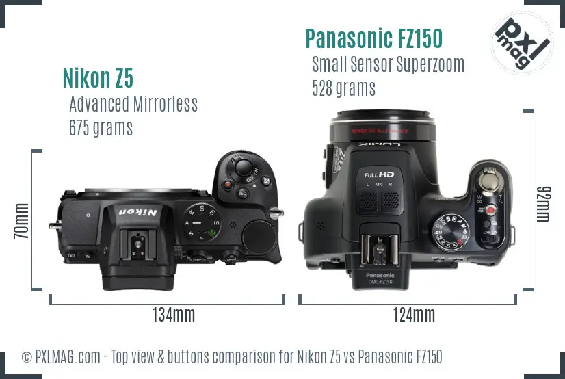 Nikon Z5 vs Panasonic FZ150 top view buttons comparison