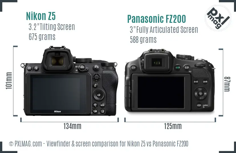 Nikon Z5 vs Panasonic FZ200 Screen and Viewfinder comparison