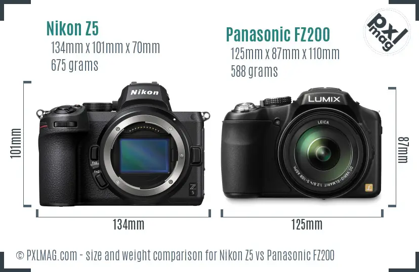 Nikon Z5 vs Panasonic FZ200 size comparison
