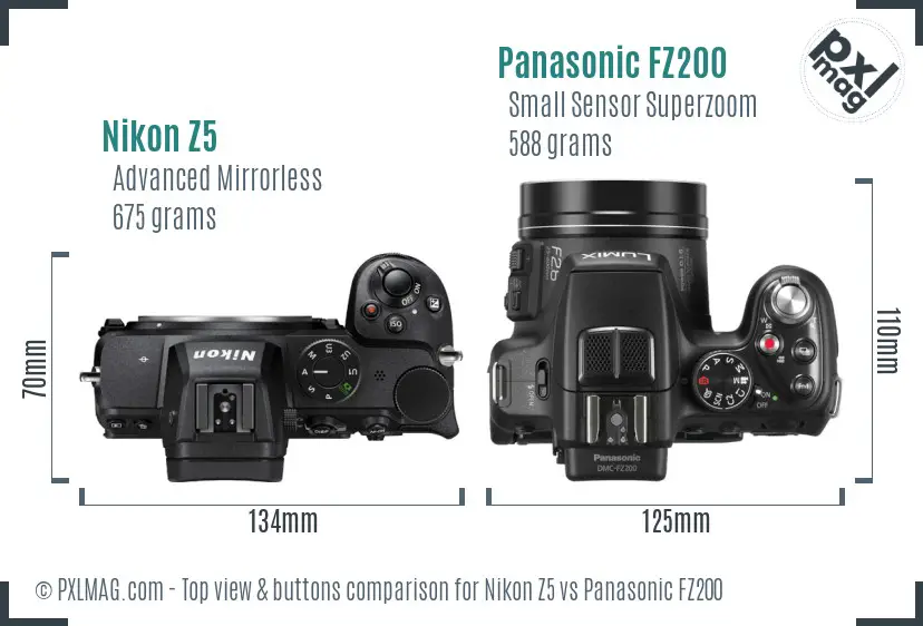 Nikon Z5 vs Panasonic FZ200 top view buttons comparison