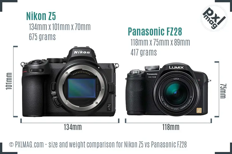Nikon Z5 vs Panasonic FZ28 size comparison