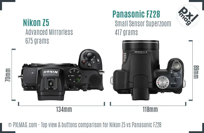 Nikon Z5 vs Panasonic FZ28 top view buttons comparison