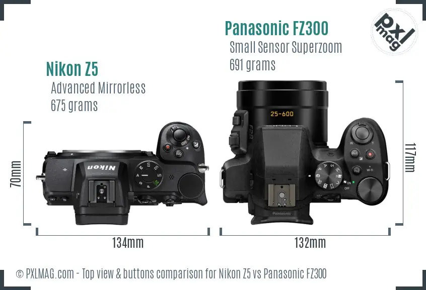 Nikon Z5 vs Panasonic FZ300 top view buttons comparison