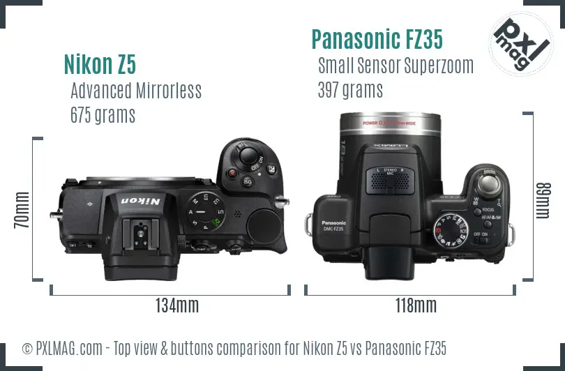 Nikon Z5 vs Panasonic FZ35 top view buttons comparison