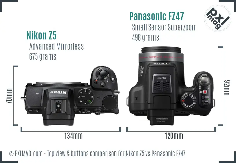 Nikon Z5 vs Panasonic FZ47 top view buttons comparison Nikon Z5 vs Panasonic FZ47 top view buttons comparison