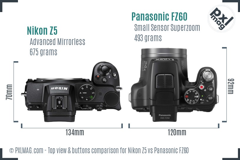 Nikon Z5 vs Panasonic FZ60 top view buttons comparison