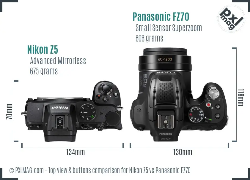 Nikon Z5 vs Panasonic FZ70 top view buttons comparison