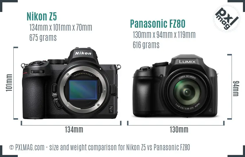 Nikon Z5 vs Panasonic FZ80 size comparison