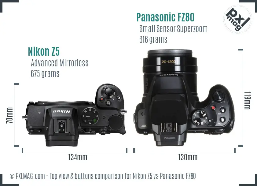 Nikon Z5 vs Panasonic FZ80 top view buttons comparison