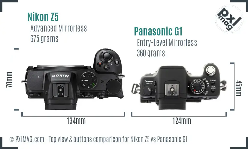 Nikon Z5 vs Panasonic G1 top view buttons comparison
