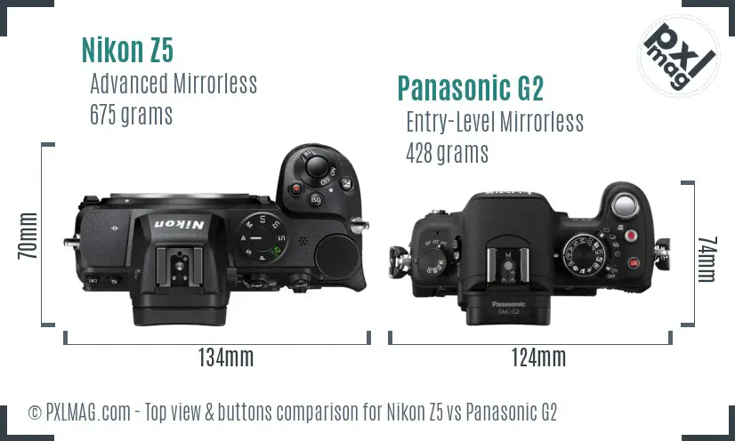 Nikon Z5 vs Panasonic G2 top view buttons comparison