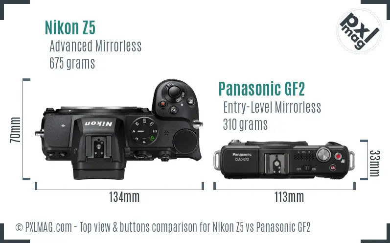 Nikon Z5 vs Panasonic GF2 top view buttons comparison