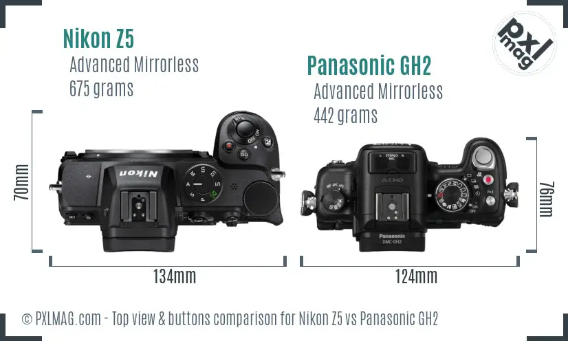 Nikon Z5 vs Panasonic GH2 top view buttons comparison