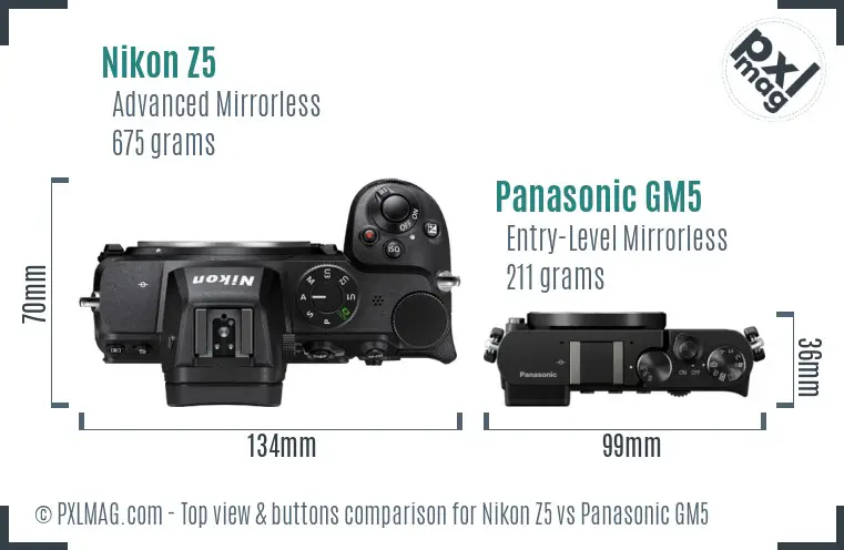 Nikon Z5 vs Panasonic GM5 top view buttons comparison