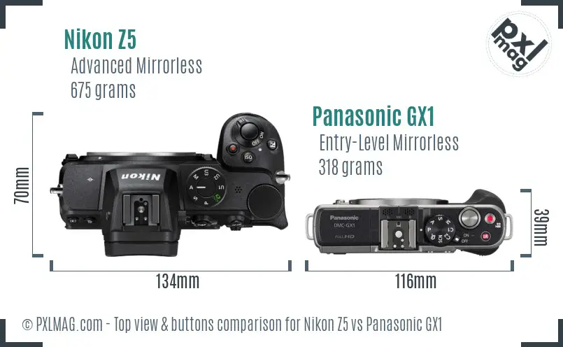 Nikon Z5 vs Panasonic GX1 top view buttons comparison