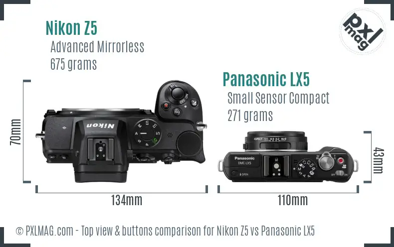 Nikon Z5 vs Panasonic LX5 top view buttons comparison