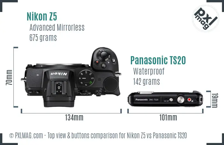 Nikon Z5 vs Panasonic TS20 top view buttons comparison