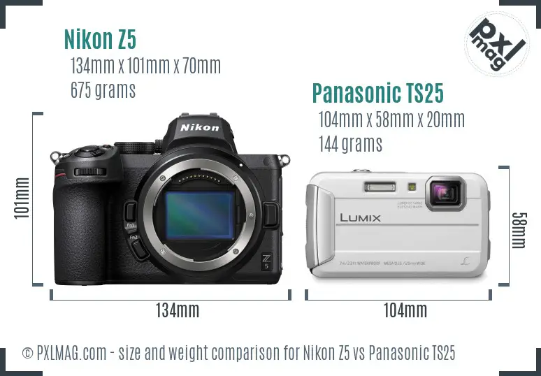 Nikon Z5 vs Panasonic TS25 size comparison