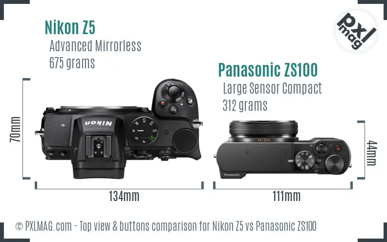 Nikon Z5 vs Panasonic ZS100 top view buttons comparison