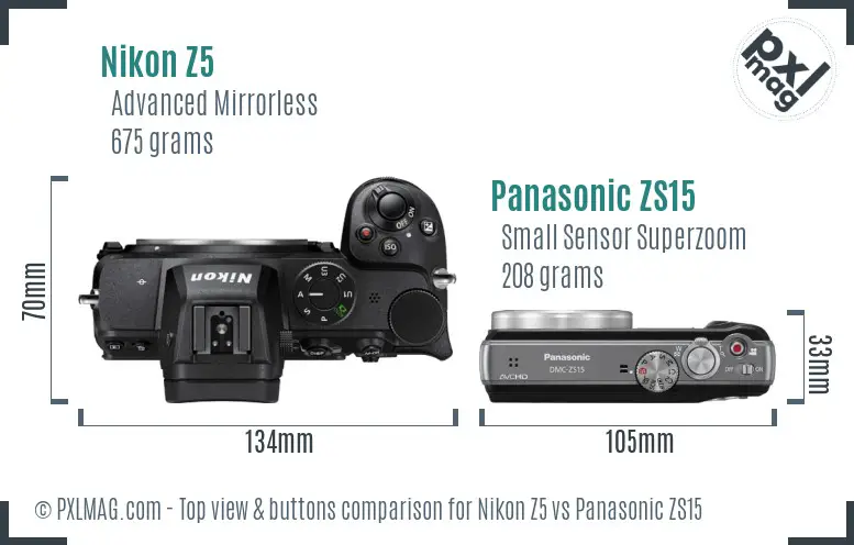 Nikon Z5 vs Panasonic ZS15 top view buttons comparison